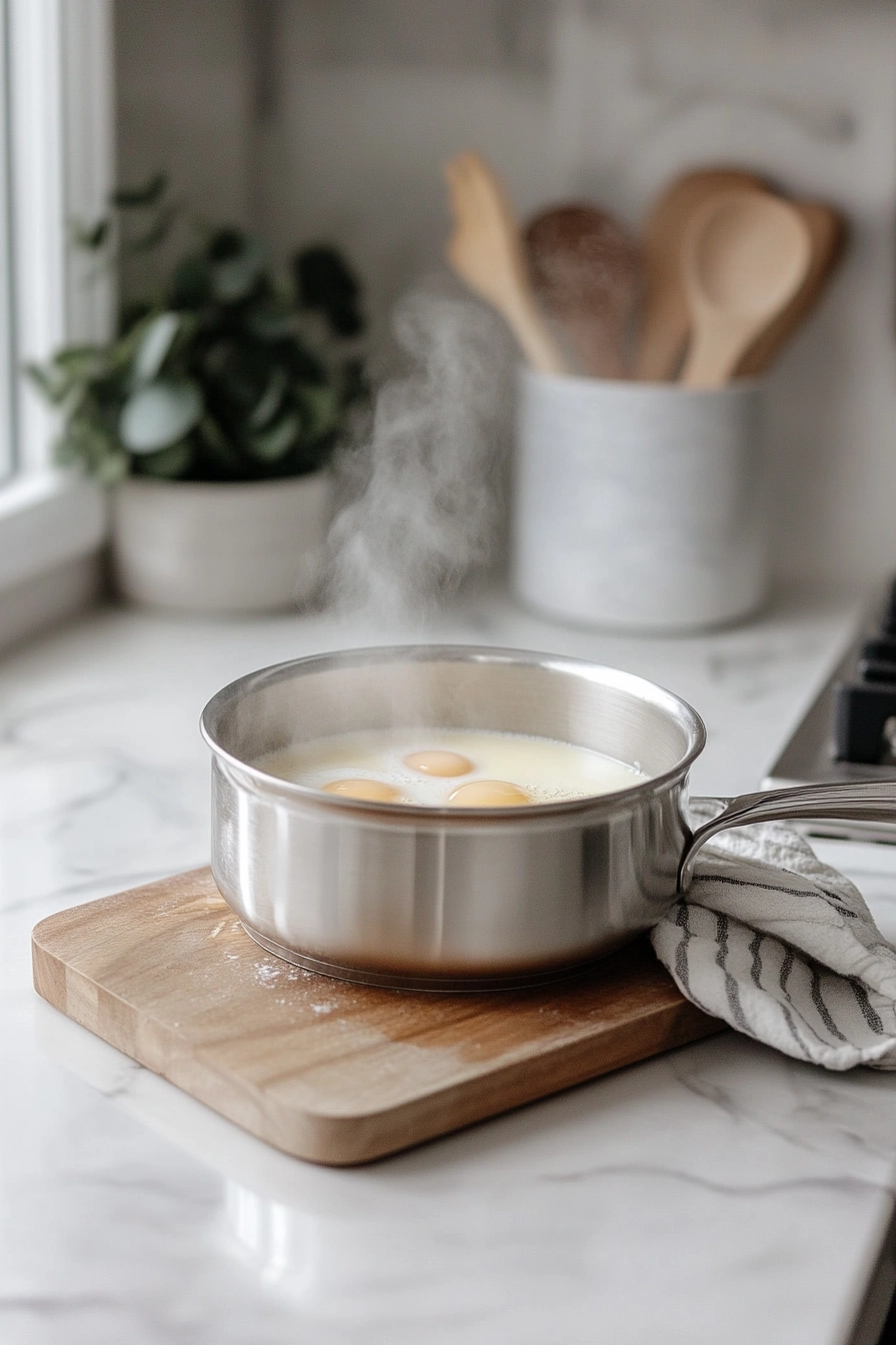 Heat egg whites and suga