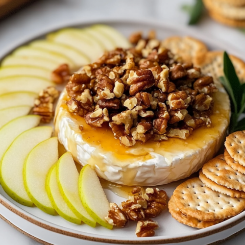 A plate with the Brie and the nut mixture, surrounded by crackers and apple slices for serving. The Brie is melted and gooey, with a few extra nuts sprinkled on top