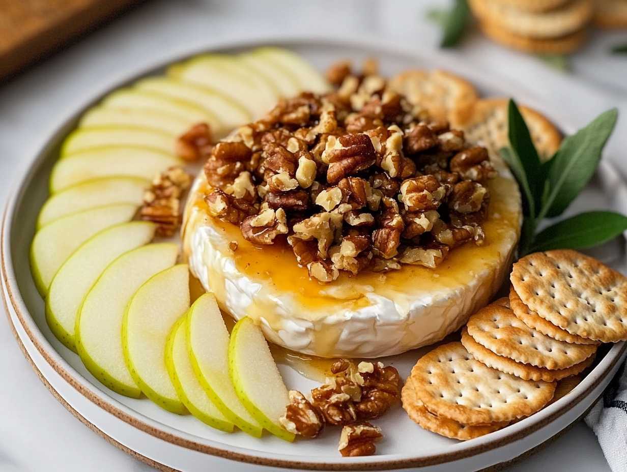 A plate with the Brie and the nut mixture, surrounded by crackers and apple slices for serving. The Brie is melted and gooey, with a few extra nuts sprinkled on top