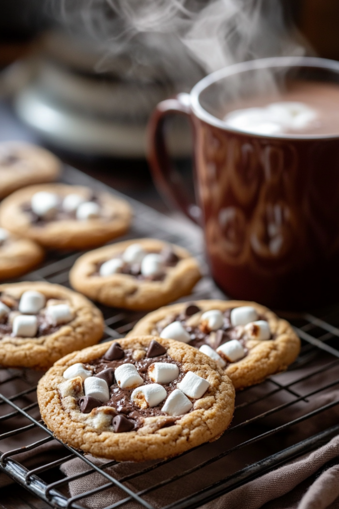 The freshly baked hot chocolate cookies cool on a wire rack. In the background, a steaming mug of hot chocolate adds a cozy touch. A few cookies are stacked, with melted chocolate chips and marshmallow bits peeking out invitingly.