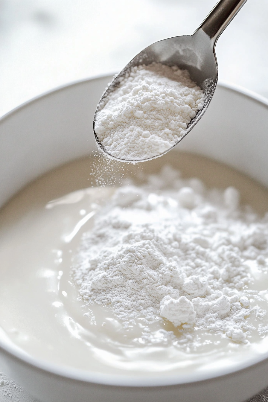 A hand folds flour into the wet batter in a mixing bowl, forming a smooth dough. Containers of baking soda, powder, and salt sit nearby as part of the baking process.