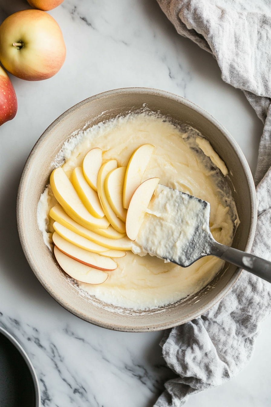 Sliced apples being folded into the batter with a spatula. A few apple slices are set aside on a plate, ready to be used as a topping.