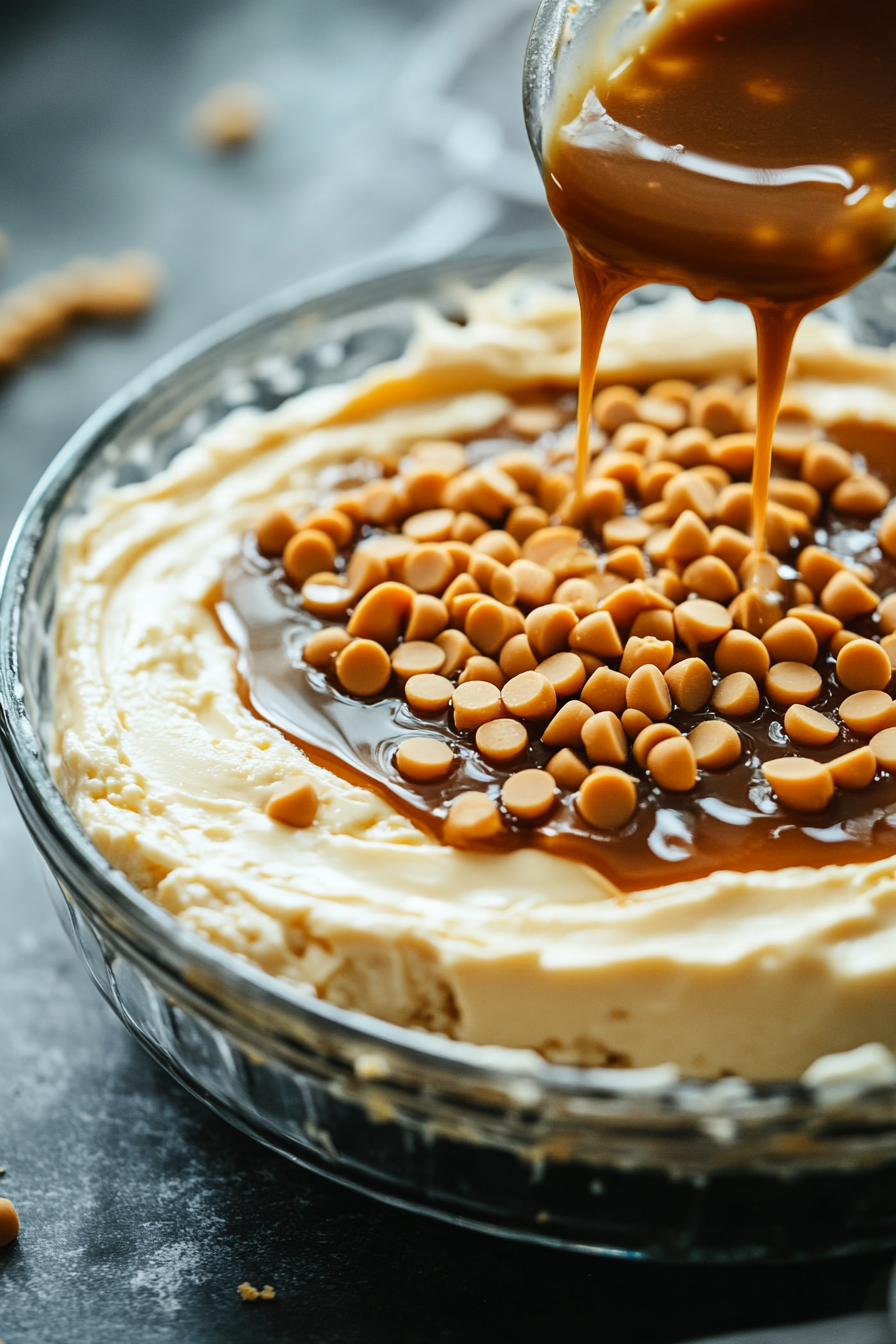 Butterscotch sauce and chips are folded gently into the cheesecake batter in a glass bowl. A golden swirl of flavor is visible, creating a rich appearance.