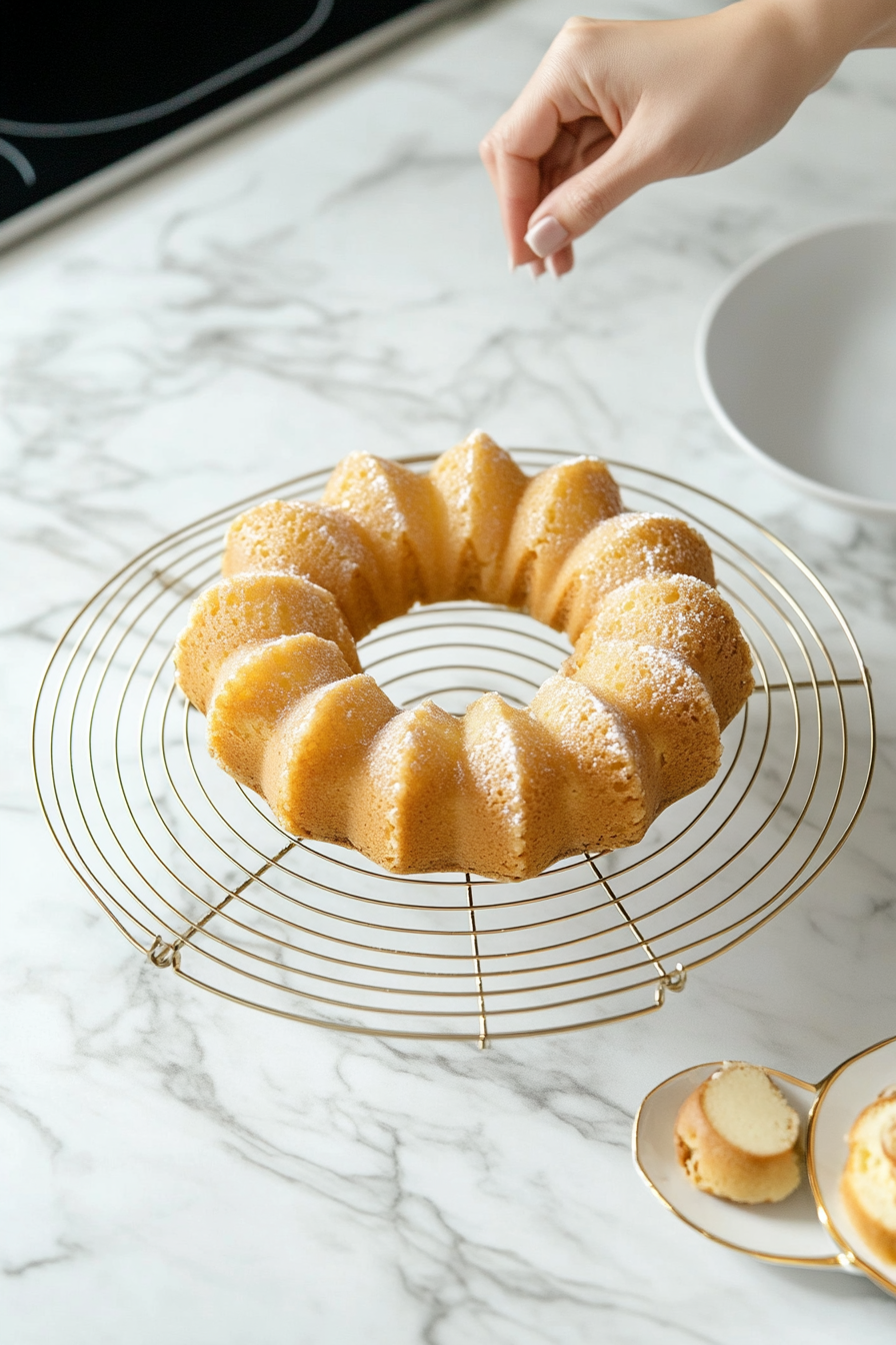 The Bundt cake being carefully inverted onto a wire rack on the white marble cooktop. The golden, moist cake remains perfectly intact, ready for further cooling.