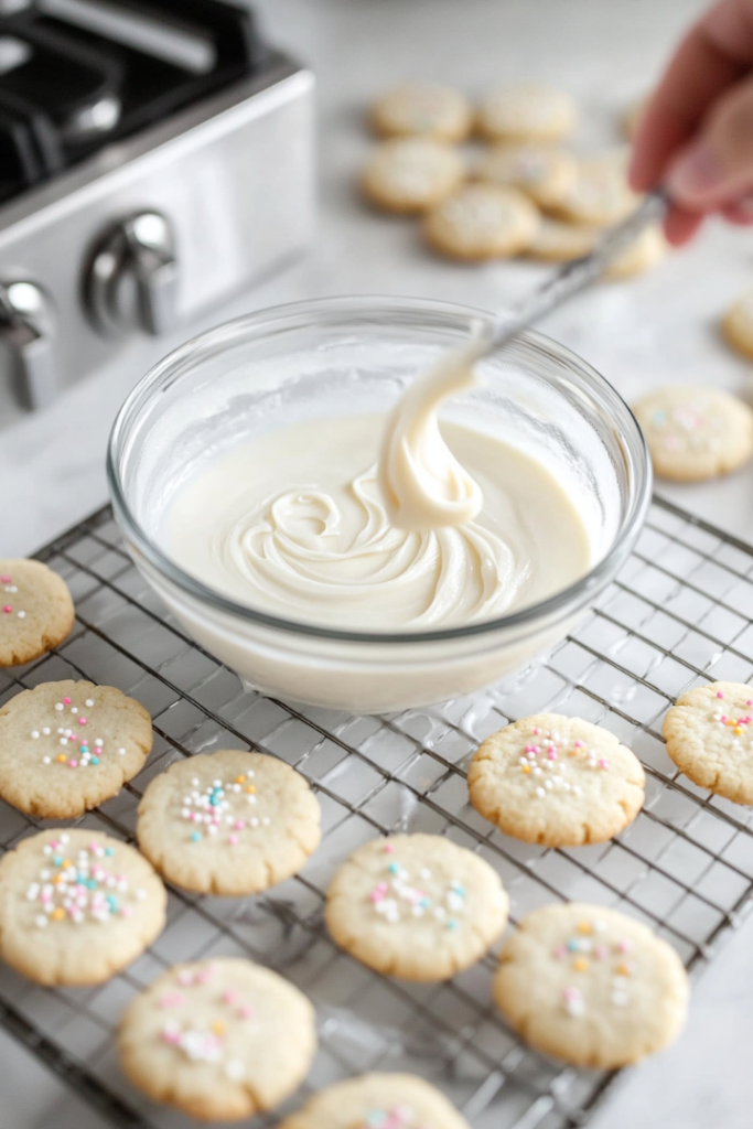 Figure 8 cookies being dipped into white icing in a glass bowl on a white marble cooktop. Nearby, iced cookies dry on wax paper or a wire rack, with colorful sprinkles scattered around.