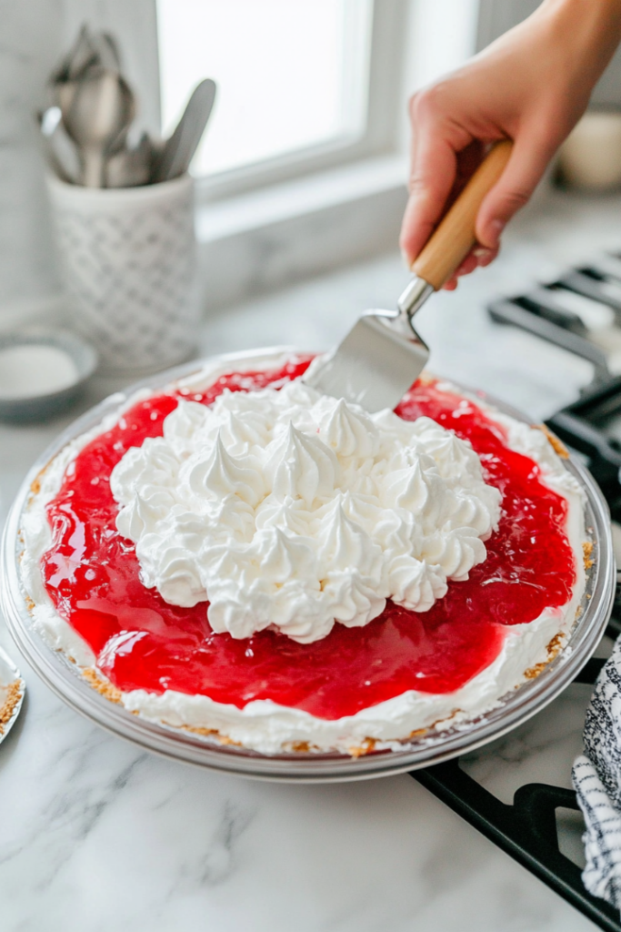 A chilled Jello poke cake on the white marble cooktop, being spread with a thick, fluffy layer of whipped topping using a spatula.