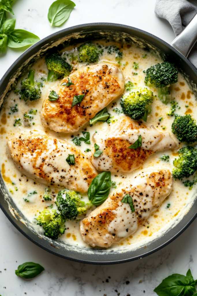 A portion of keto chicken Alfredo is served on a white plate, featuring tender, golden-browned chicken, vibrant green broccoli, and a creamy, cheesy sauce. The plate is set on the white marble cooktop, with a minimal background to highlight the rich and inviting meal.