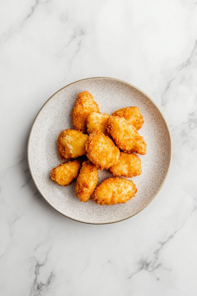 A small serving plate is filled with a neatly arranged stack of golden brown keto chicken nuggets. The nuggets are crispy and inviting, set against a simple white marble countertop that highlights their appetizing appearance.