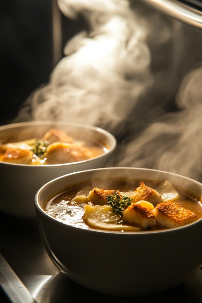 Illustrate the bowls of soup topped with thyme croutons and slices of Swiss cheese. The bowls are under the broiler, with the cheese melting and bubbling to a golden perfection. The finished soup is steaming and ready to serve.