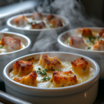 Illustrate the bowls of soup topped with thyme croutons and slices of Swiss cheese. The bowls are under the broiler, with the cheese melting and bubbling to a golden perfection. The finished soup is steaming and ready to serve.