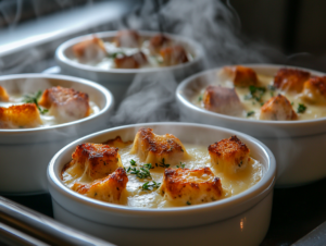 Illustrate the bowls of soup topped with thyme croutons and slices of Swiss cheese. The bowls are under the broiler, with the cheese melting and bubbling to a golden perfection. The finished soup is steaming and ready to serve.