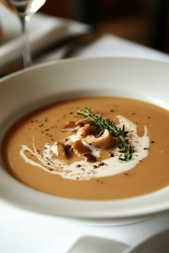 Show a small skillet on the white marble cooktop, where reserved golden mushrooms are being sautéed with a drizzle of olive oil. Fresh thyme sprigs and cracked black pepper are arranged nearby, ready for garnishing