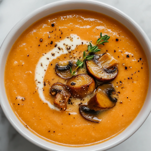 Illustrate a bowl of creamy mushroom soup placed on the white marble cooktop. The soup is garnished with the sautéed golden mushrooms, a delicate swirl of cream, a fresh thyme sprig, and a sprinkle of cracked black pepper, making it visually inviting and ready to serve