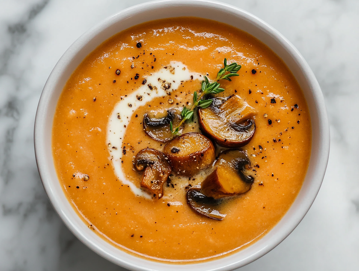 Illustrate a bowl of creamy mushroom soup placed on the white marble cooktop. The soup is garnished with the sautéed golden mushrooms, a delicate swirl of cream, a fresh thyme sprig, and a sprinkle of cracked black pepper, making it visually inviting and ready to serve