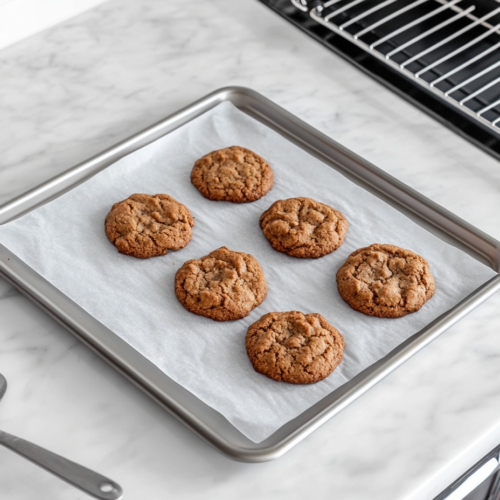 A baking sheet with cookies is in the oven, their edges turning golden as they bake. Through the slightly open oven door, the cookies' crosshatch pattern is clearly visible.