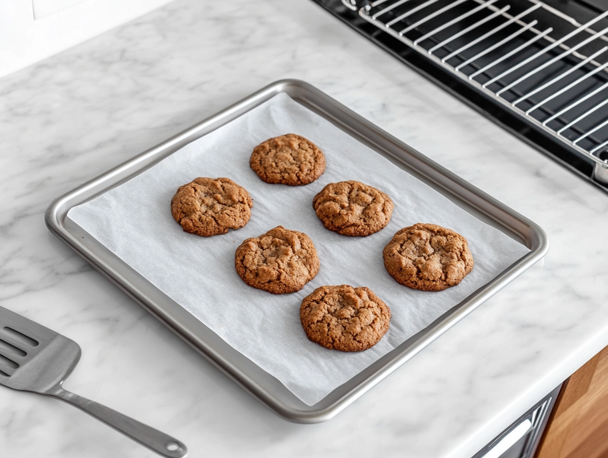 A baking sheet with cookies is in the oven, their edges turning golden as they bake. Through the slightly open oven door, the cookies' crosshatch pattern is clearly visible.