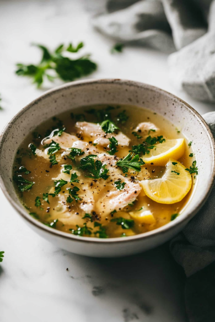 The finished soup is served in a bowl placed on the white marble cooktop. A drizzle of olive oil and lemon juice enhance the presentation, and fresh parsley garnishes the top