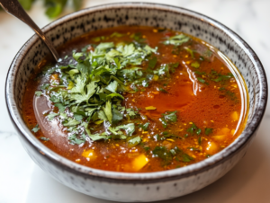 The finished soup is served in a bowl placed on the white marble cooktop. A drizzle of olive oil and lemon juice enhance the presentation, and fresh parsley garnishes the top