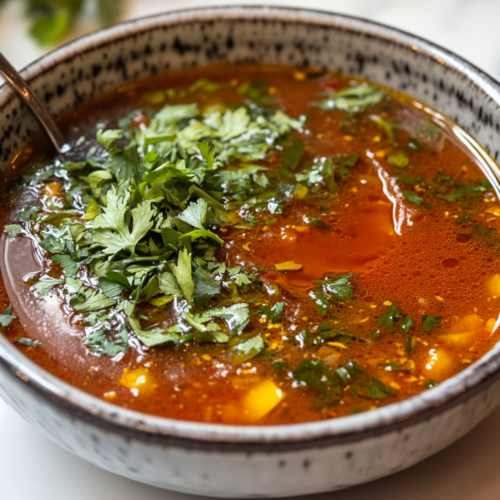 The finished soup is served in a bowl placed on the white marble cooktop. A drizzle of olive oil and lemon juice enhance the presentation, and fresh parsley garnishes the top