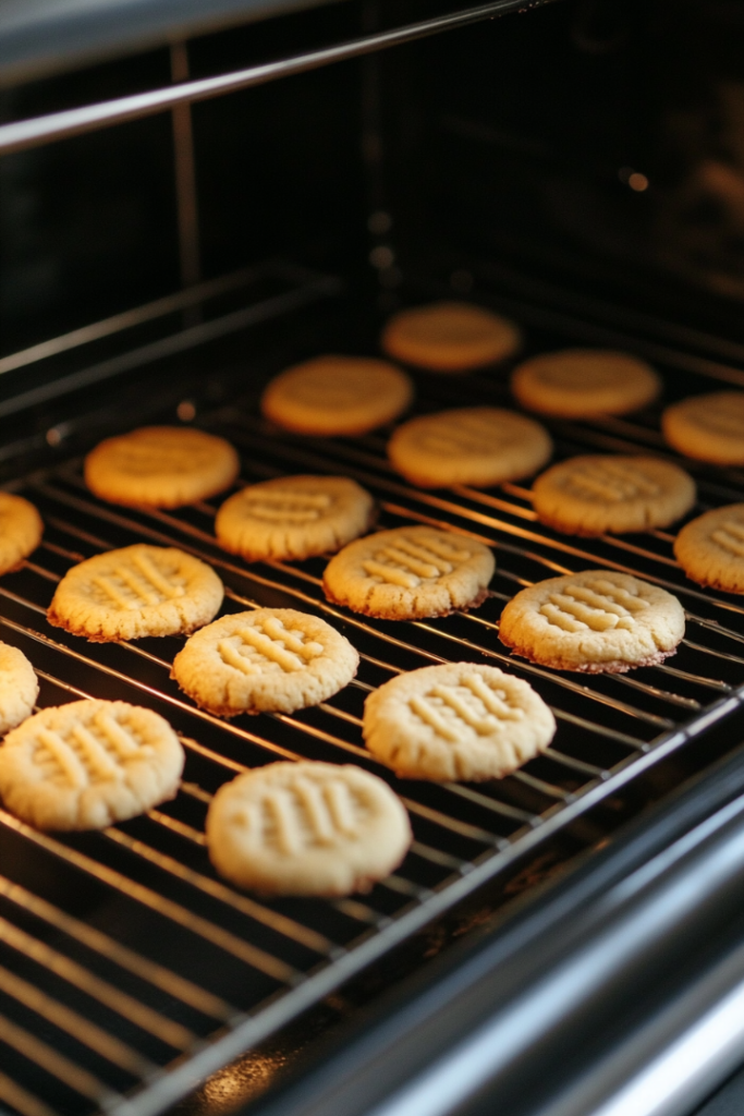 A baking sheet with cookies is in the oven, their edges turning golden as they bake. Through the slightly open oven door, the cookies' crosshatch pattern is clearly visible.