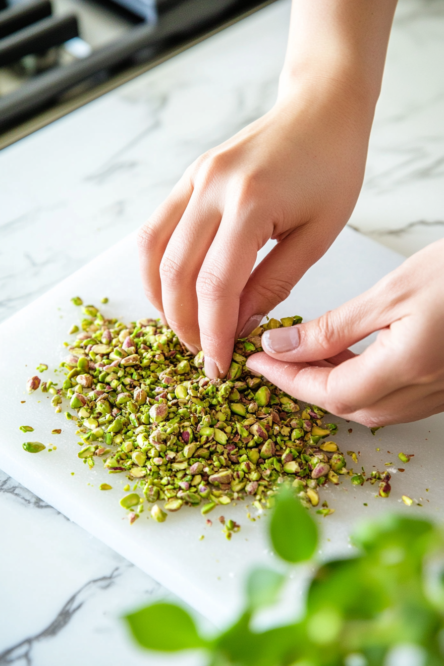 Chopped pistachios, vibrant and fresh, are kneaded into the dough by hand. A small bowl of pistachios sits nearby, with a few reserved for garnish, adding a splash of green to the scene