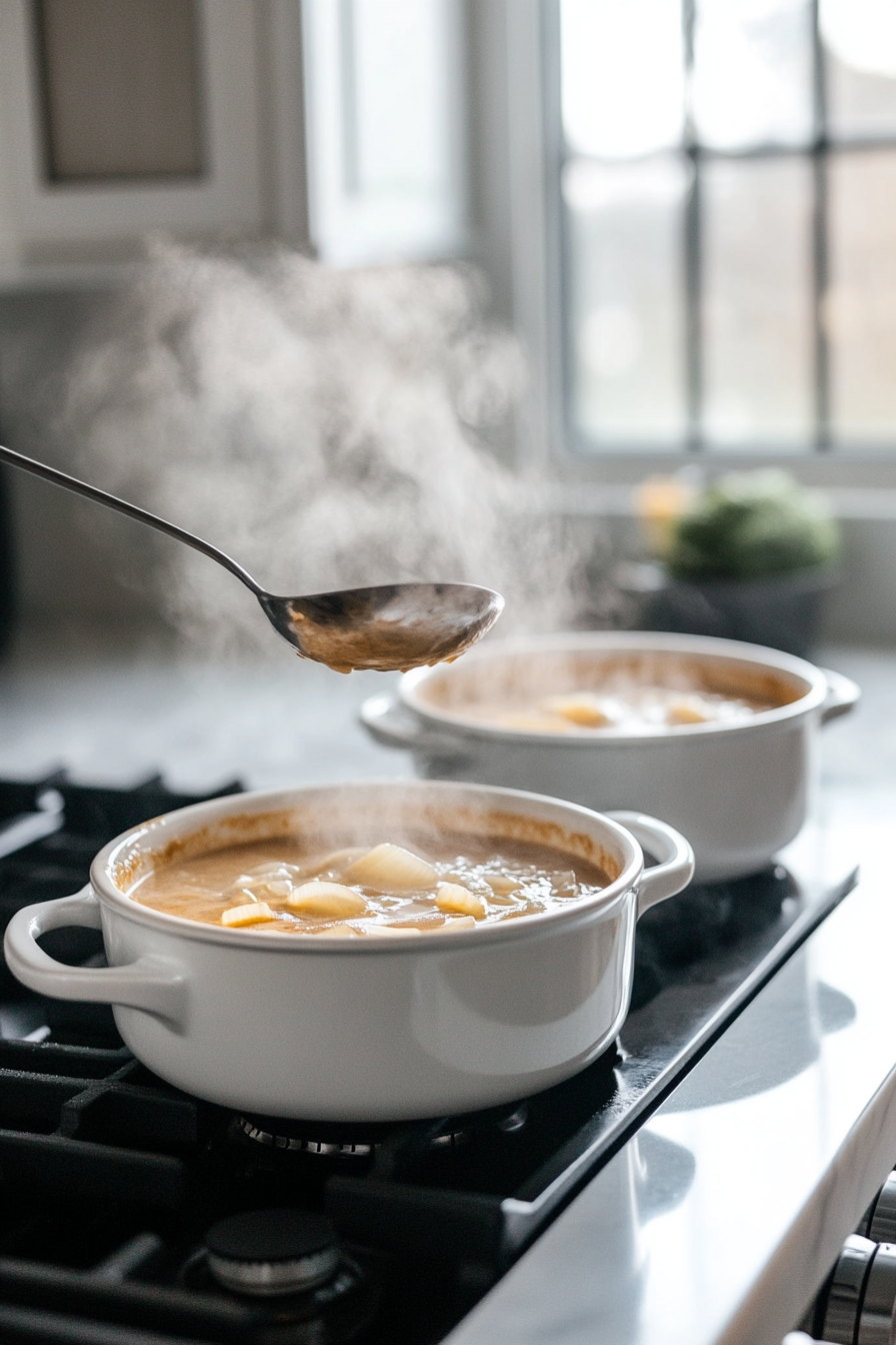 Illustrate the bowls of soup topped with thyme croutons and slices of Swiss cheese. The bowls are under the broiler, with the cheese melting and bubbling to a golden perfection. The finished soup is steaming and ready to serve.