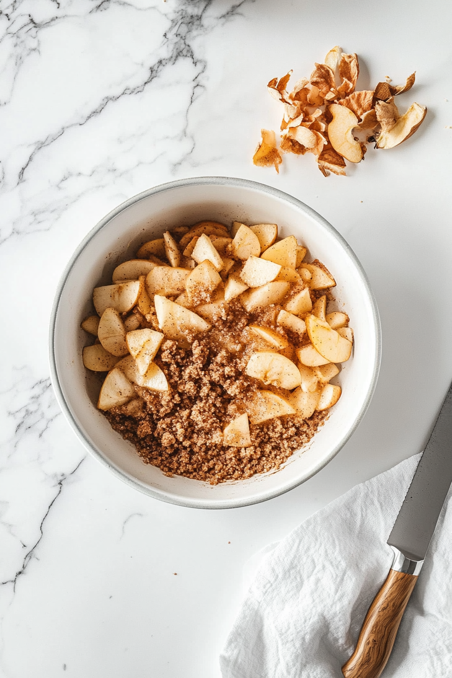 The baking pan on the white marble cooktop contains peeled, cored, and thinly sliced apples arranged in overlapping layers over the brown sugar and cinnamon mixture. A paring knife and apple peel scraps are visible next to the pan.