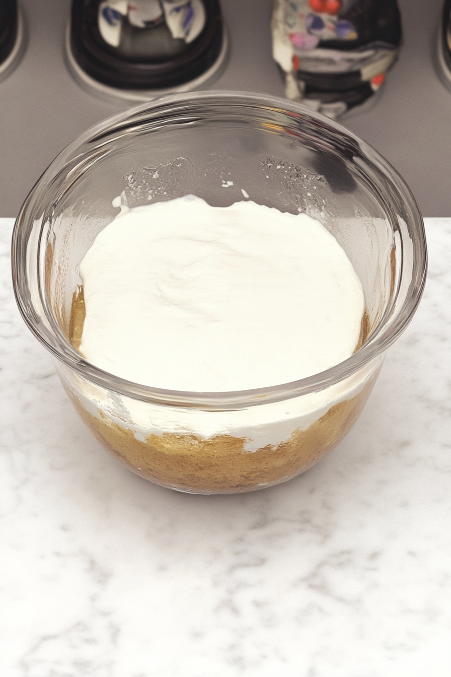 A punch bowl on the white marble cooktop with the first slice of angel food cake placed at the bottom. The cake slice is positioned neatly and ready for the next layer.