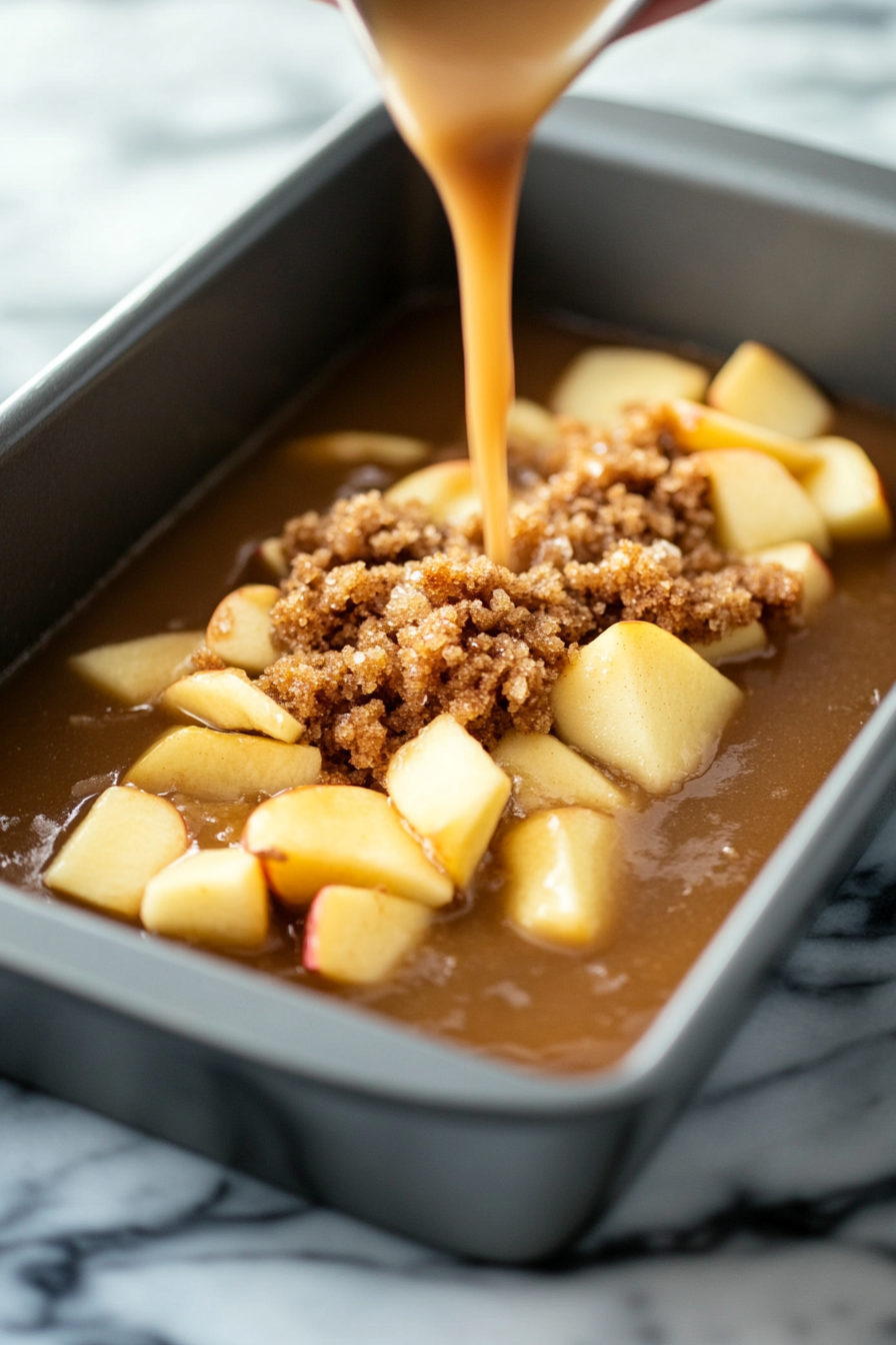 Half the batter being poured into the prepared loaf pan, followed by half the chopped apple pieces and brown sugar-cinnamon mixture being layered on top