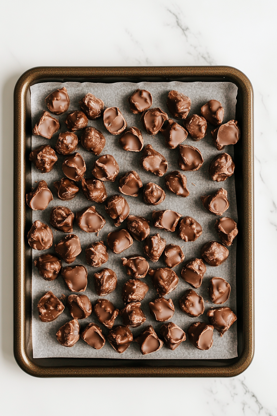 A baking sheet filled with chocolate clusters sits on the white marble countertop, with the clusters slightly glistening as they cool and firm up, ready to be stored