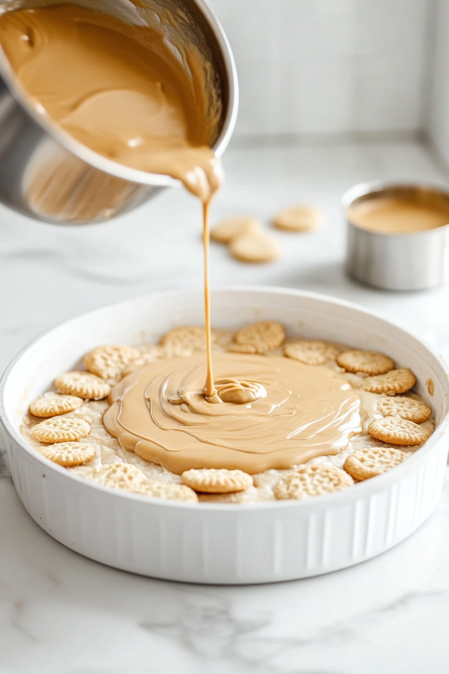 An 8x8 pan sits on the white marble cooktop, neatly lined with Nutter Butter cookies. A small stack of cookies rests nearby, ready for additional layering.