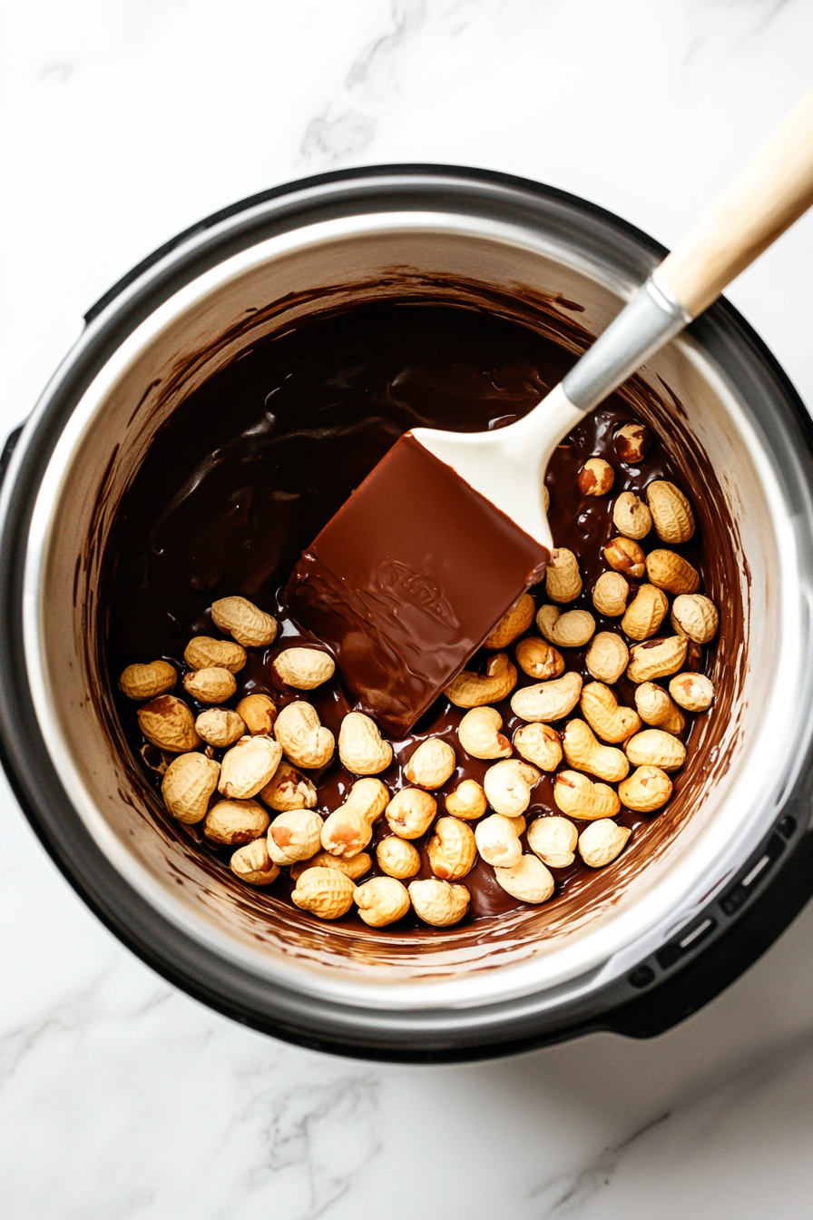 A hand is stirring the melted chocolates inside the slow cooker, blending them into a smooth and glossy mixture. The slow cooker is placed on a white marble cooktop, with the chocolate reflecting light.