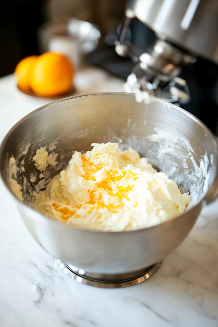 A stand mixer on the white marble cooktop with butter, sugar, and orange zest being beaten together until fluffy, with a close-up showing the mixing process in action.