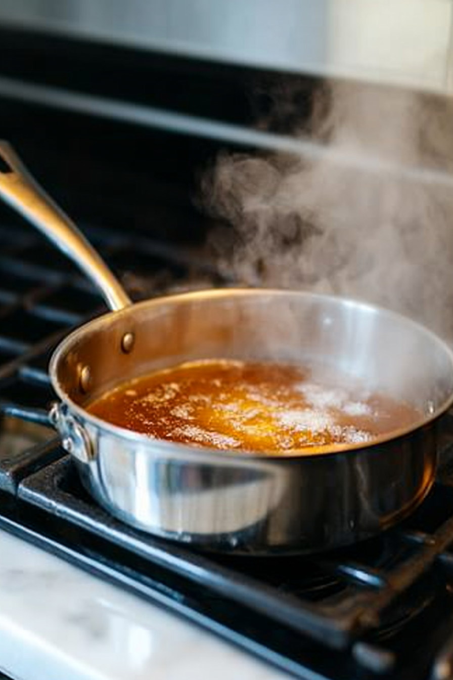 A saucepan sits on the white marble cooktop, with unsalted butter melting over medium heat. Flour is being stirred in to form a smooth paste, while white sugar, brown sugar, and water are added. Steam rises from the bubbling caramel sauce, creating a warm and inviting atmosphere.