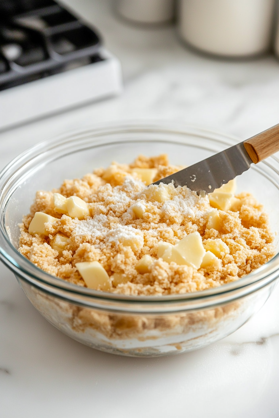 A glass mixing bowl on the white marble cooktop contains ½ cup white sugar and ½ cup all-purpose flour. Cold butter cubes are being cut into the mixture with two knives, forming coarse crumbs. The bowl is set aside, ready for the crumble to be added to the apple pie.