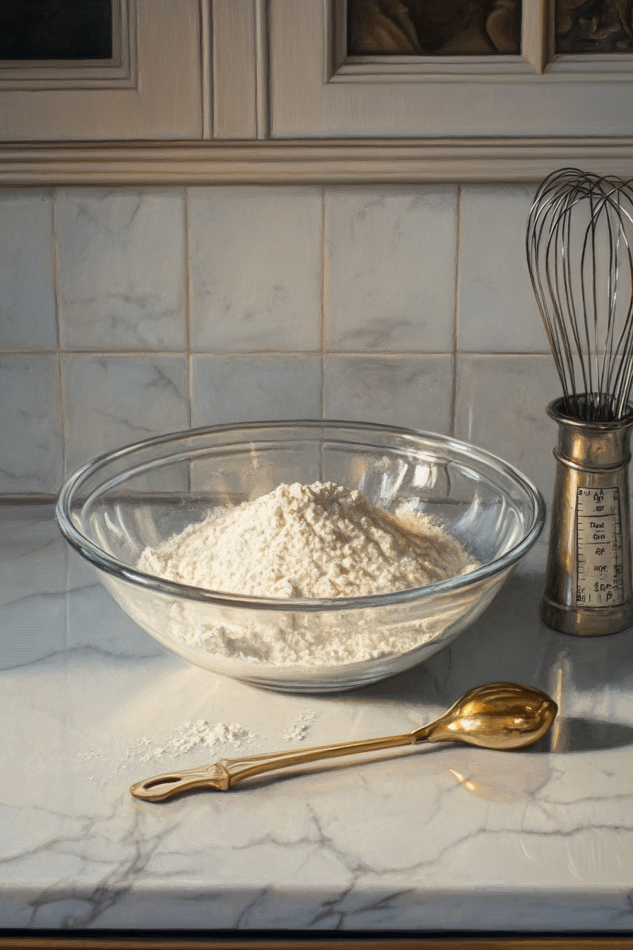 A glass bowl on the white marble cooktop with flour, baking powder, baking soda, and kosher salt being whisked together to form the dry mix