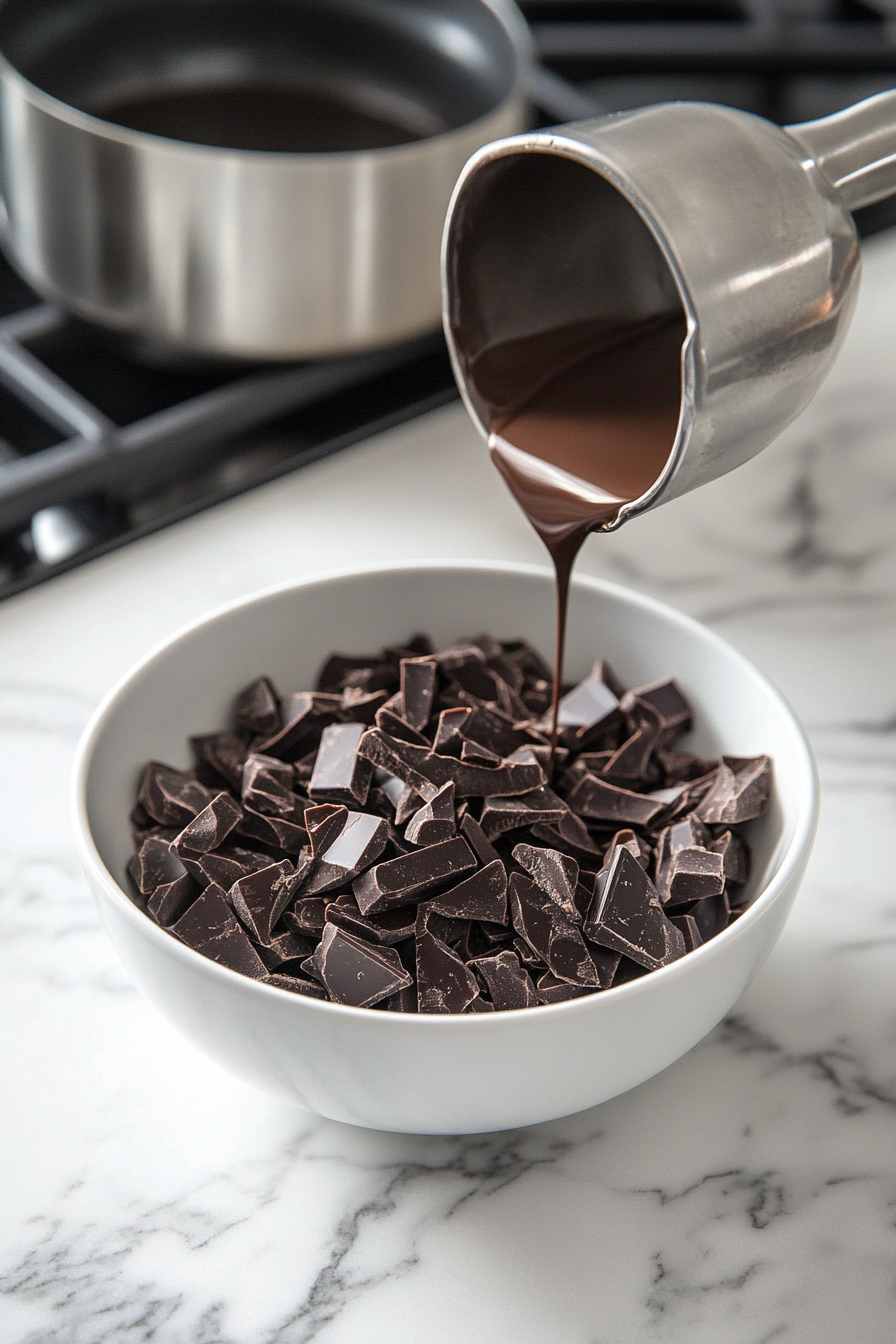 Illustrate a heat-proof bowl on the white marble cooktop with chopped semi-sweet chocolate inside. A small saucepan of hot cream is being poured over the chocolate, creating a glossy ganache as it is whisked into a silky consistency.