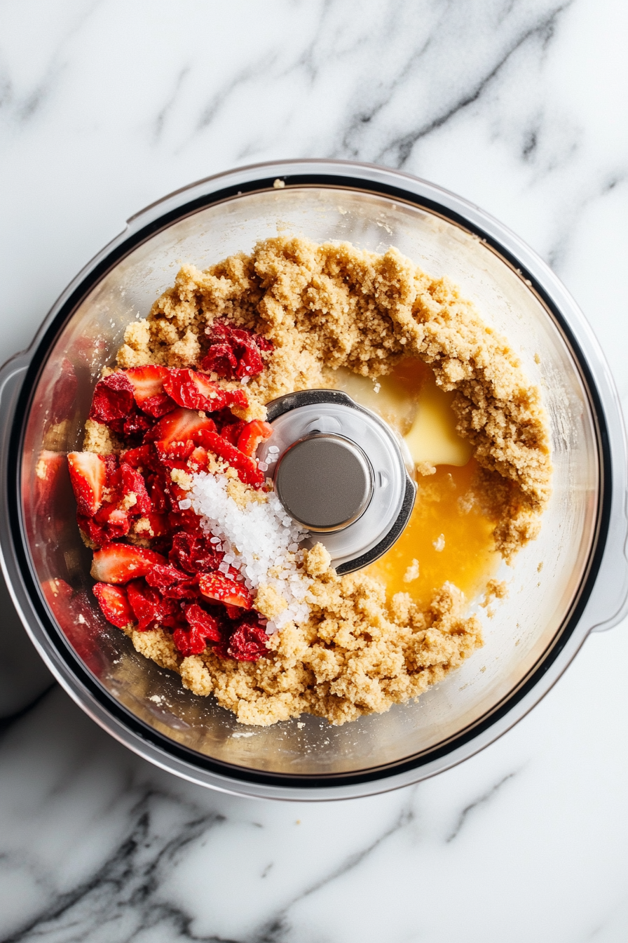 A food processor on a white marble cooktop contains golden Oreo cookies, freeze-dried strawberries, and kosher salt being pulsed into a chunky crumble. A small bowl of melted butter is drizzled into the processor.