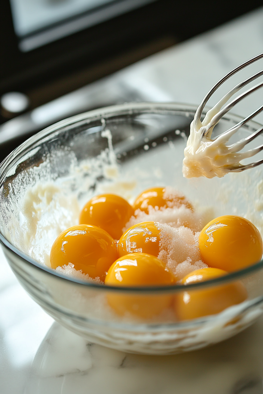 A glass bowl on the white marble cooktop with eggs and sugar being whipped with a hand mixer until fluffy, creating a light, airy texture.