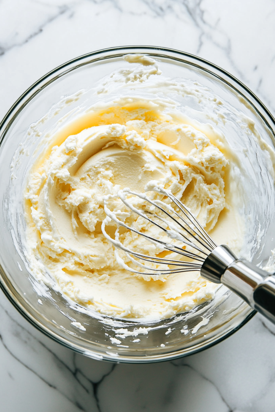 A large bowl with softened cream cheese, sugar, and vanilla is being beaten with a hand mixer on a white marble cooktop. The cream cheese mixture is smooth, with a few splashes of sugar around the edges of the bowl.