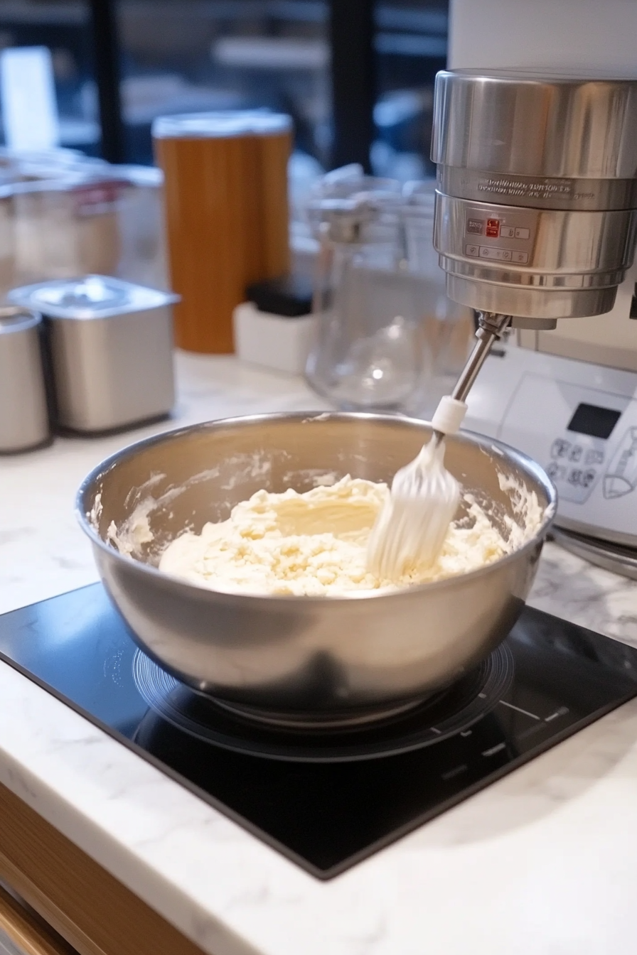 A large mixing bowl on the white marble cooktop holds softened cream cheese, sugar, and vanilla extract being beaten together with a hand mixer. The mixture is smooth and creamy, fully combined, and prepared for the next step in making the cheesecake.