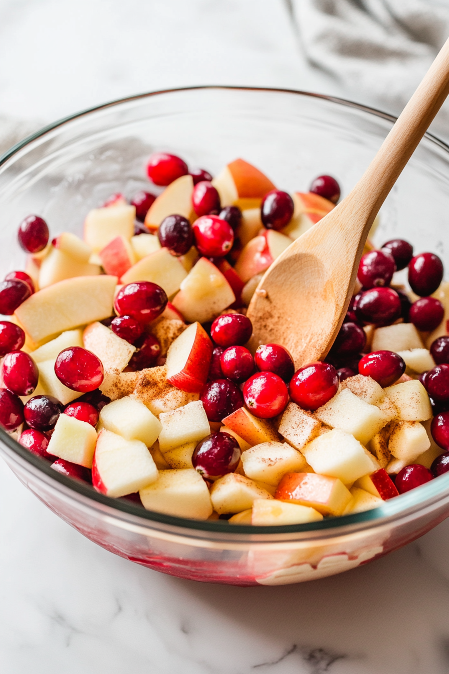 A large glass mixing bowl on the white marble cooktop holds a mixture of apple slices, fresh cranberries, granulated sugar, cornstarch, fresh orange zest, cinnamon, cloves, and nutmeg. A wooden spoon stirs the vibrant blend, with bright red cranberries and pale apple slices creating a striking contrast.