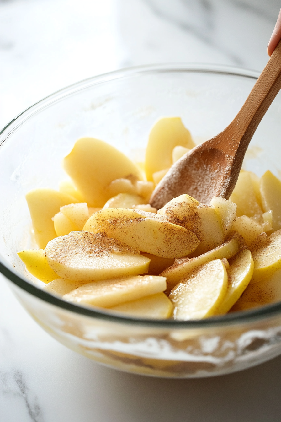 Fresh apple slices coated in a mixture of lemon juice, flour, ground cloves, nutmeg, cinnamon, granulated sugar, and vanilla extract are being gently stirred in a glass mixing bowl with a wooden spoon. The vibrant mixture rests on a white marble cooktop.