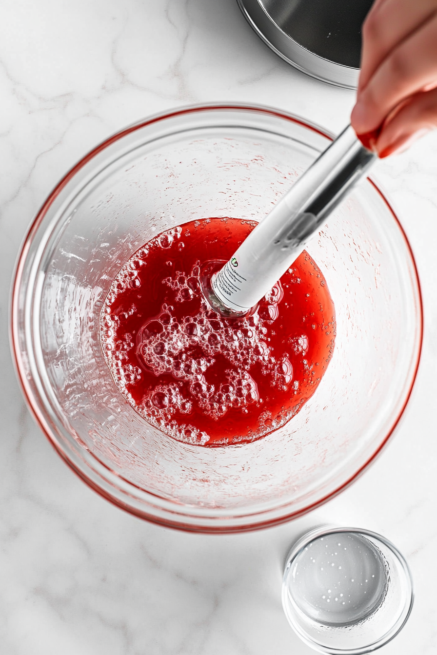 A glass bowl on a white marble cooktop with bright red strawberry Jell-O powder dissolving as boiling water is stirred in. A measuring cup of cold water is positioned nearby.