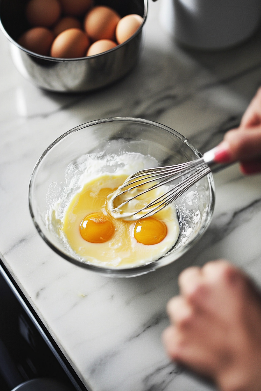 Glass bowl containing eggs, sugar, and vanilla being whisked together on a white marble cooktop. Nearby, a small saucepan with heavy cream is being heated. The egg mixture is poured over the warm cream and strained twice for a smooth consistency.