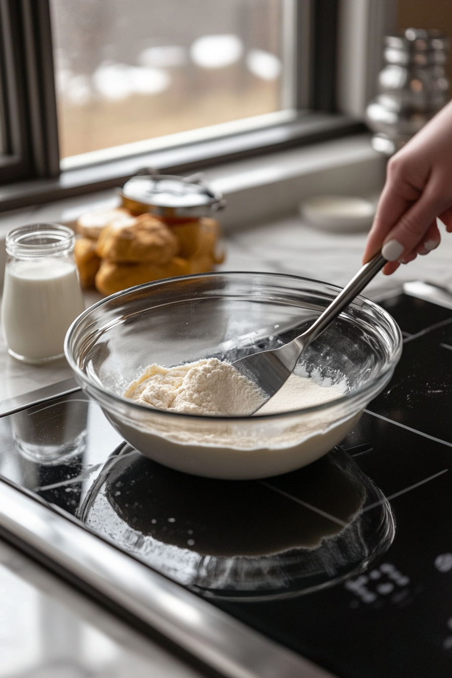 Small glass bowl containing light brown sugar and ground cinnamon on a white marble cooktop. The mixture is being stirred to combine, ready to be sprinkled on top of the batter.