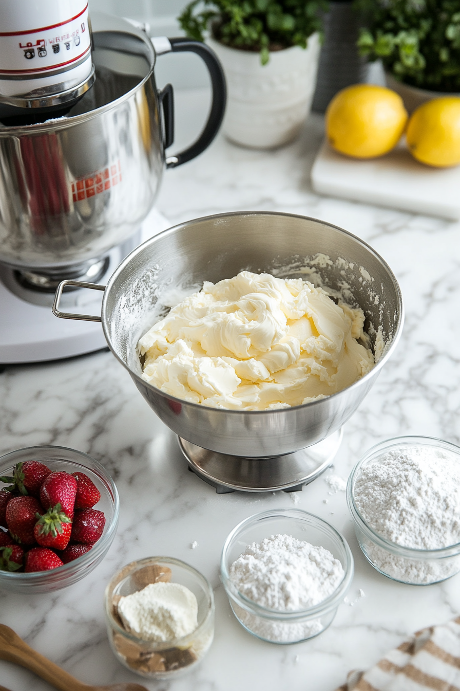 A stand mixer on the white marble cooktop is beating butter to a creamy consistency. Nearby, bowls of powdered sugar, a glass measuring cup filled with strawberry reduction, and a small container of lemon juice are ready for addition.