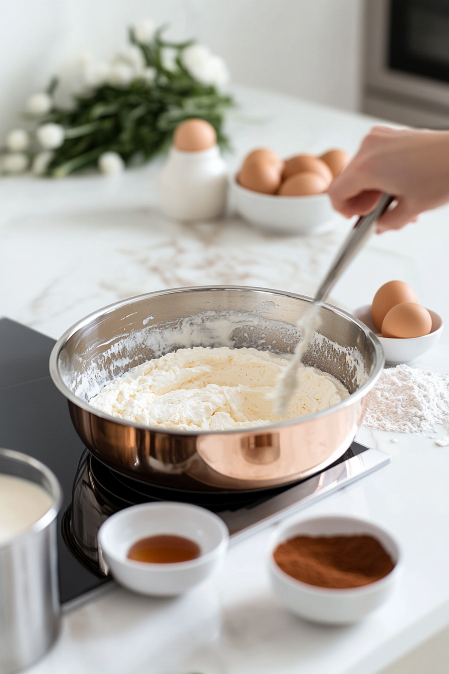 A mixing bowl on the white marble cooktop holds cream cheese, mascarpone, and sugar being beaten until smooth. Nearby, small bowls of coffee liqueur, flour, and eggs are ready to be added to the mixture, which is prepared for pouring into the pan.