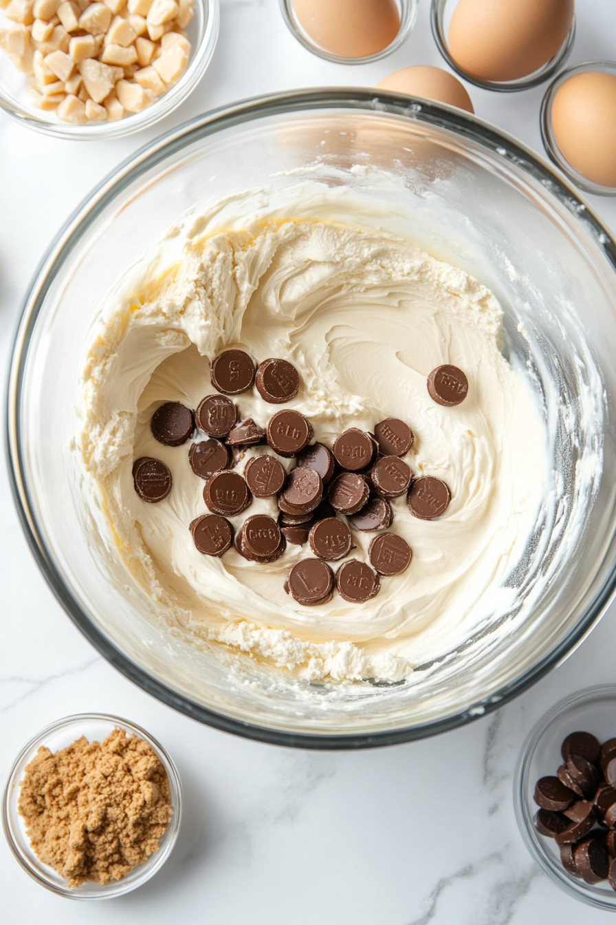 A mixing bowl on the white marble cooktop holds cream cheese, light brown sugar, and flour being beaten until smooth. Small bowls of sour cream, vanilla extract, eggs, and chopped Rolos are arranged nearby, ready to be incorporated.