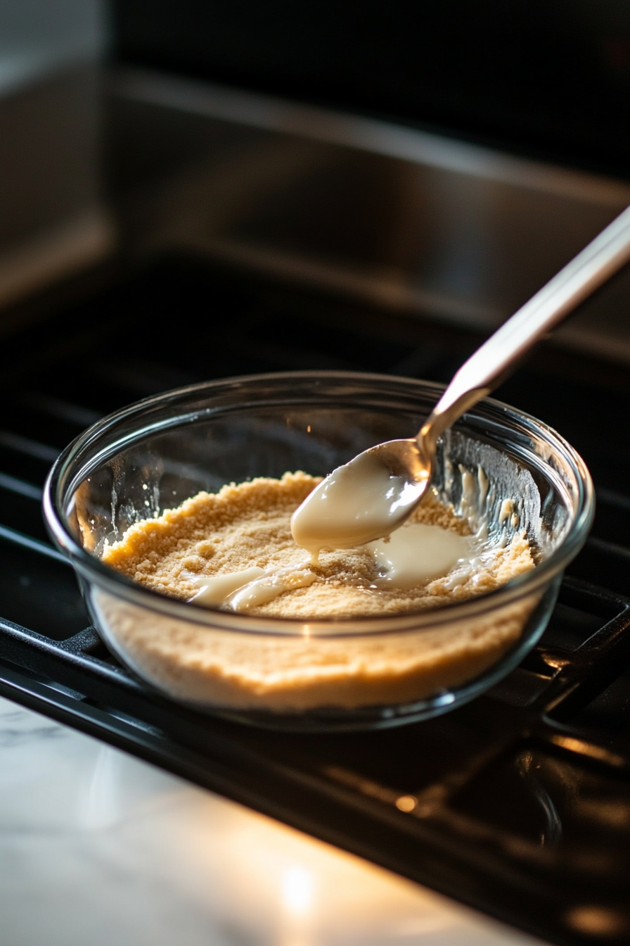 A glass bowl containing crushed Nilla Wafers or Graham Crackers mixed with melted butter, being pressed into the bottom of a springform pan with a spoon. The crust is ready to be baked in the preheated oven for 7-8 minutes